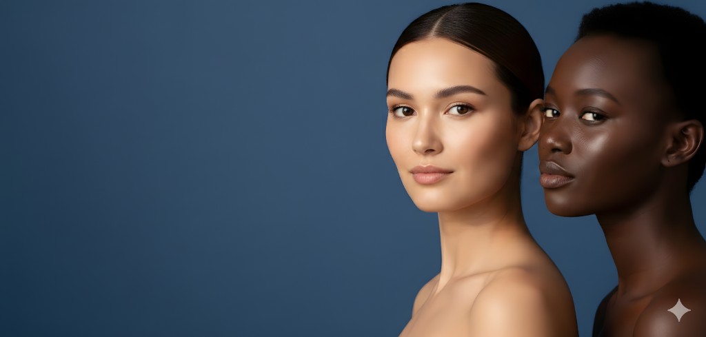 Deux femmes aux peaux différentes, peau lumineuse et beauté naturelle sur fond bleu ardoise.